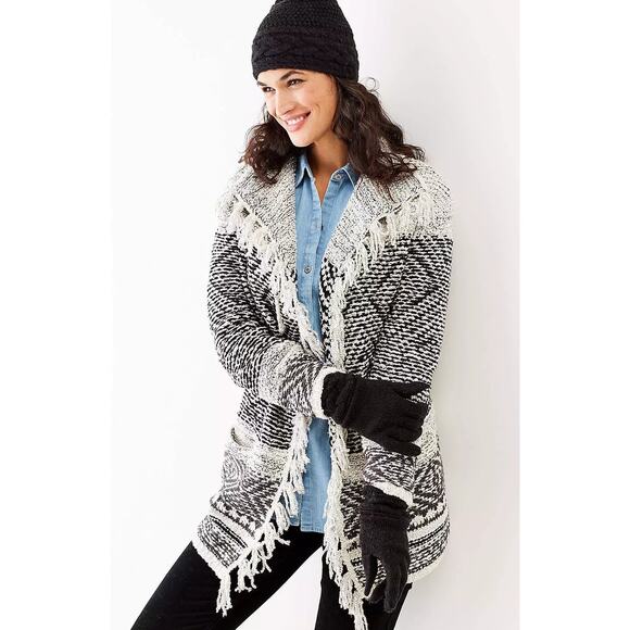 J. Jill Willow Fair Isle Long Sleeve Fringe Hem Cardigan‎ Sweater Black/White M - Picture 1 of 9